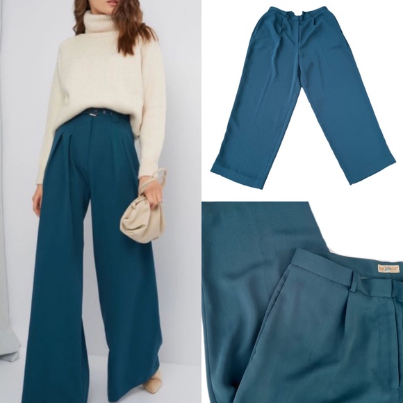 GORGEOUS Vintage 80s/90s Jewel Tone Teal Green Wide Straight Leg Trouser Pants - Picture 1 of 14